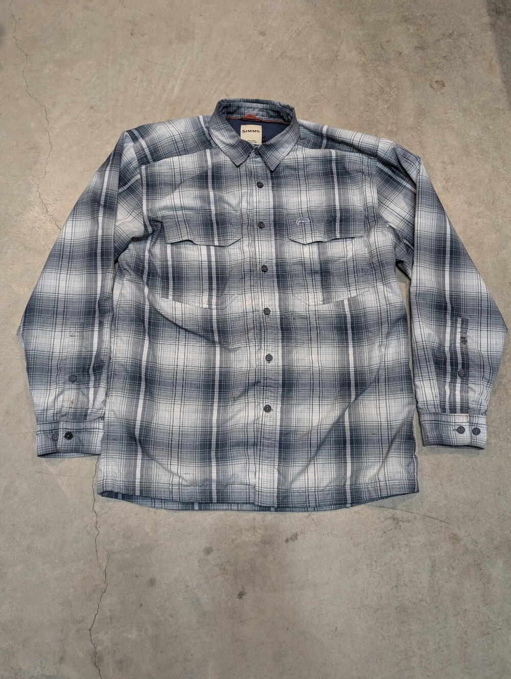 SIMMS Fleece Lined Flannel Men's M Blue Plaid Button-Up Shirt Flaws